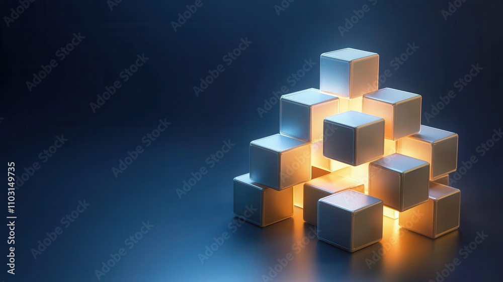 minimalist 3D representation of illuminated blocks arranged in pyramid shape, creating serene and modern atmosphere. soft glow enhances visual appeal minimalist 3D representation of illuminated blocks arranged in pyramid shape, creating serene and modern atmosphere. soft glow enhances visual appeal