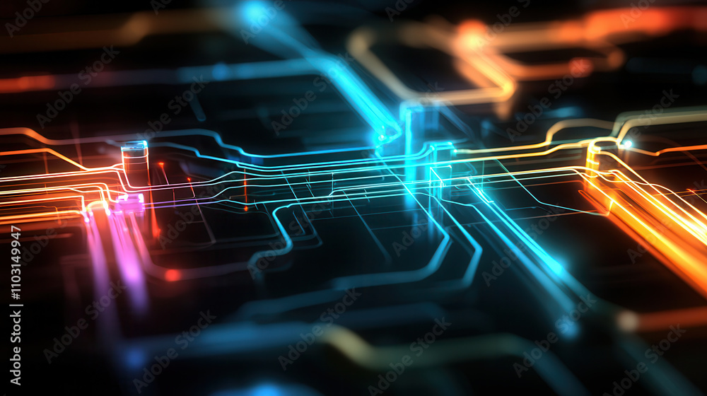 Fototapeta premium vibrant network map with glowing paths, showcasing intricate connections and technology. colorful lines represent data flow and digital communication