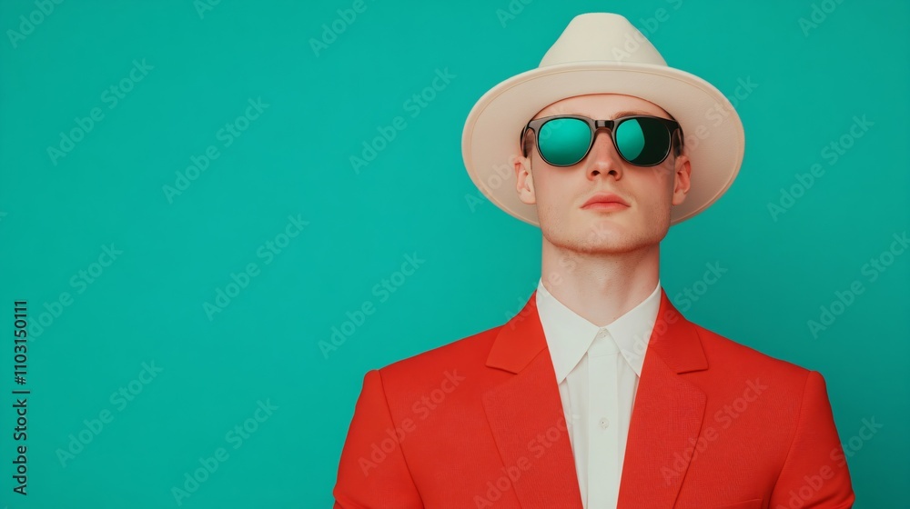 Caucasian man in red suit jacket and white fedora hat against turquoise background. Modern fashion portrait with sunglasses. Minimalist style concept for creative design with copy space Caucasian man in red suit jacket and white fedora hat against turquoise background. Modern fashion portrait with sunglasses. Minimalist style concept for creative design with copy space