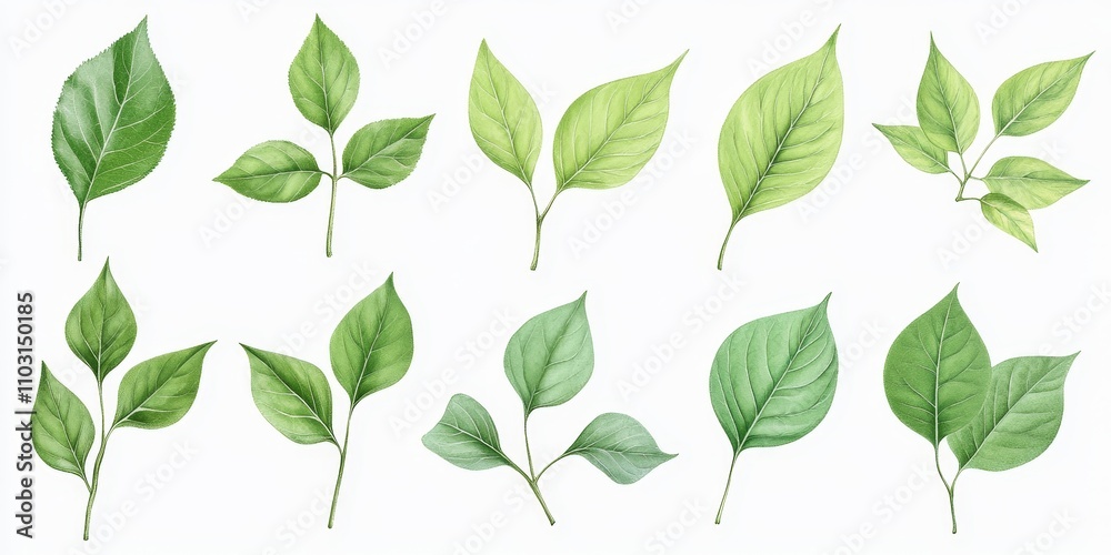 Watercolor illustration of various green leaves with white background. Watercolor illustration of various green leaves with white background.