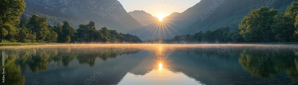 Serene Sunrise Lake Mountain Reflections Misty Calm Serene Sunrise Lake Mountain Reflections Misty Calm