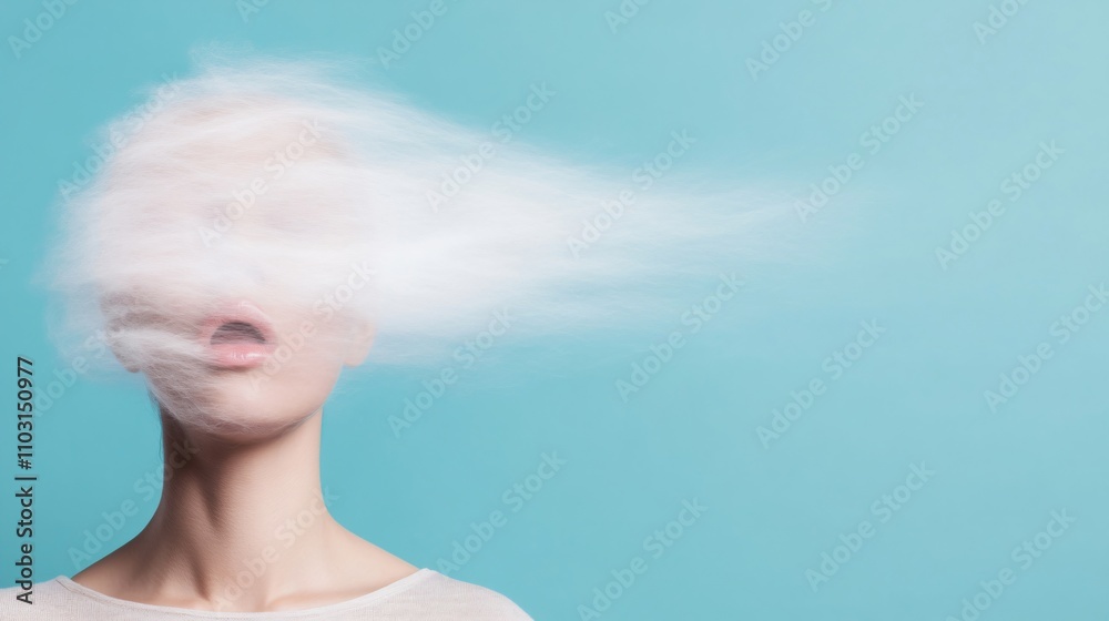 Fototapeta premium Surreal artistic portrait with flowing white hair against turquoise background. Minimalist contemporary art concept. Abstract beauty and motion study with ethereal movement and copy space