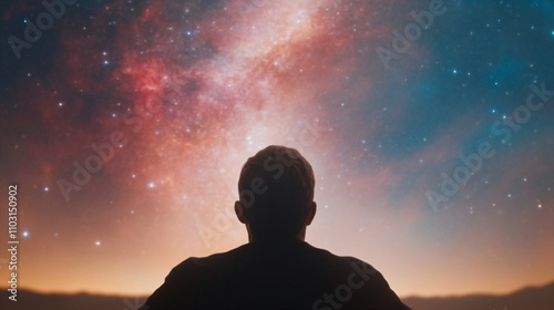 Silhouette against cosmic sky with colorful nebula and stars. Dreamy nighttime stargazing scene with aurora-like colors. Astronomy and space exploration concept with copy space