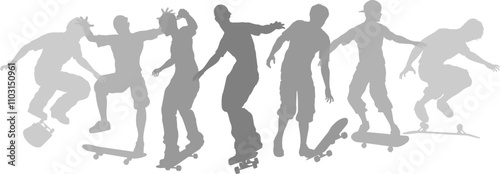 Skateboarders skateboarding on skate boards silhouette people set. Active sports people healthy players fitness silhouettes concept.