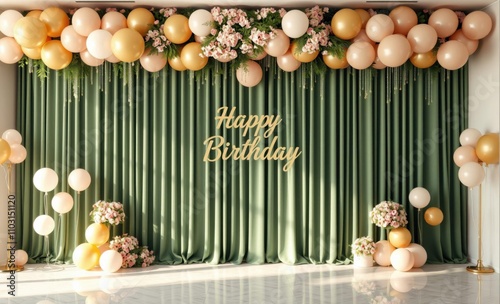 birthday party backdrop, green curtains, gold and white balloons, floral decorations, elegant celebration setting, festive atmosphere, soft lighting, beautiful arrangement, happy birthday sign, sophis photo