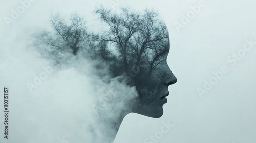 Double exposure silhouette merging with misty forest trees against foggy sky. Dreamy artistic concept for meditation, mindfulness and mental health with copy space