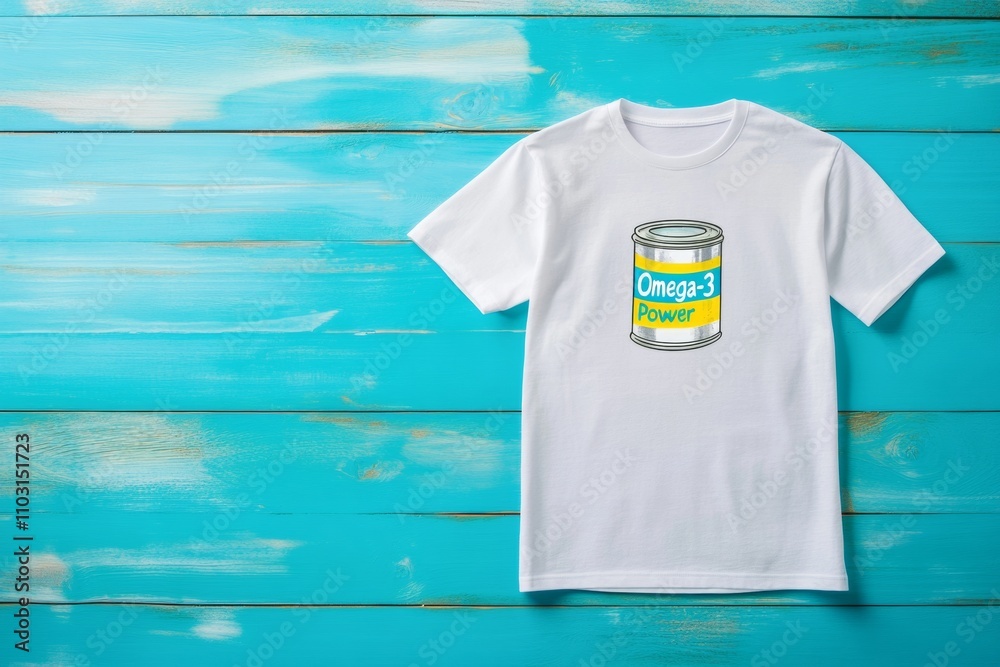National Sardines Day T-Shirt Mockup for Seafood and Retro Fashion on Blue Wooden Background National Sardines Day T-Shirt Mockup for Seafood and Retro Fashion on Blue Wooden Background