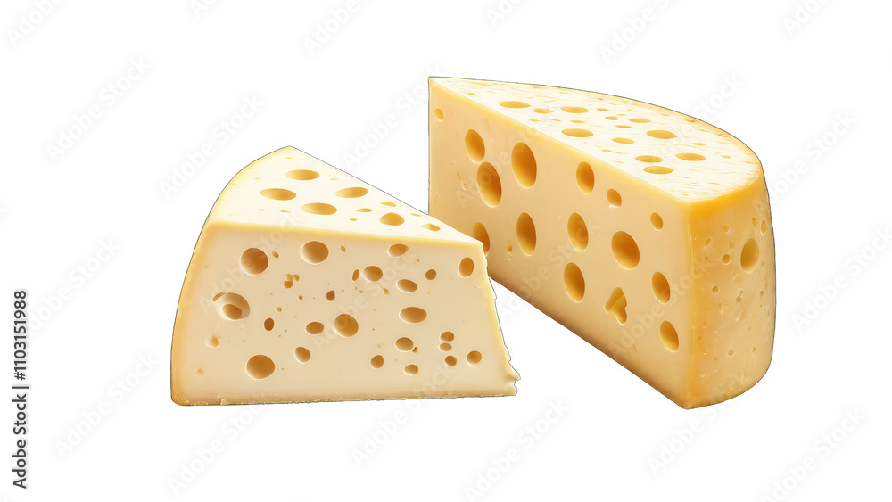 Two pieces of Swiss cheese, one sliced, showing its holes and texture transparent background Two pieces of Swiss cheese, one sliced, showing its holes and texture transparent background