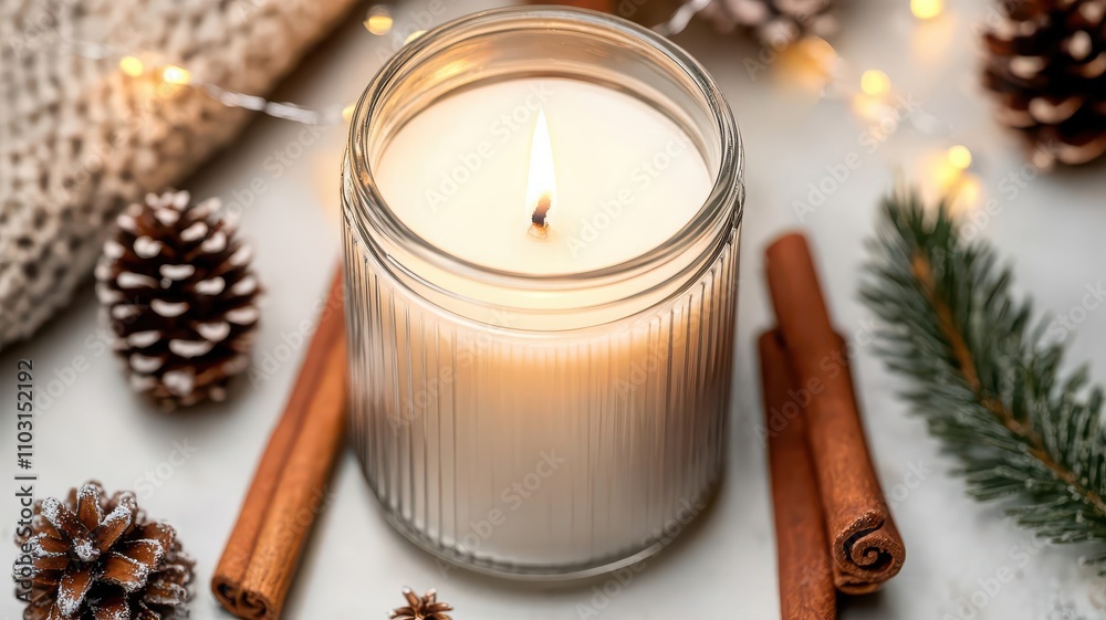 Mockup of a Christmas candle in a glass jar, surrounded by cinnamon sticks, pinecones, and fairy lights Christmas candle, cozy ambiance Mockup of a Christmas candle in a glass jar, surrounded by cinnamon sticks, pinecones, and fairy lights Christmas candle, cozy ambiance