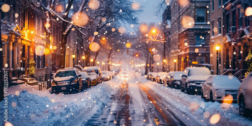 snow-covered cars on a city street decorated with festive lights, winter card