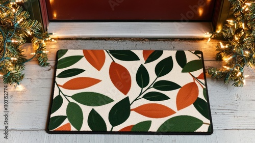 Mockup of a festive holiday doormat with a Seasons Greetings message, placed at the entrance with Christmas lights   doormat, holiday entrance