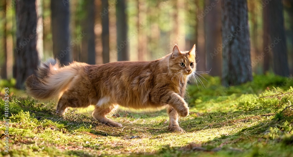 Naklejka premium A brown cat is runing in forest