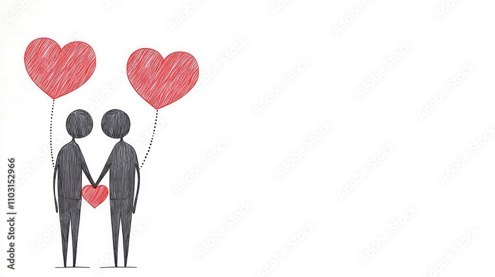 Illustration of two stick figures holding hands with heart balloons in a simple, playful style, symbolizing love and connection. Illustration of two stick figures holding hands with heart balloons in a simple, playful style, symbolizing love and connection.