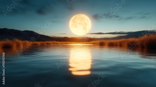 A magnificent view of the full moon glowing with warmth over a serene waterscape during twilight, exuding peace, beauty, and the quiet power of nature. photo