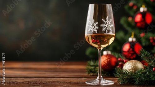 Mockup of Christmasthemed white wine glasses with snowflakes etched on the surface, set on a holiday table   wine glass, festive drinks