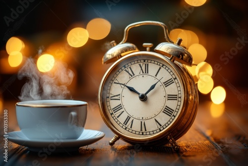 Late-Night Resilience Steaming Coffee and Clock under Warm Lights for International Shift Worker Sunday, New Years, and Labor Day photo