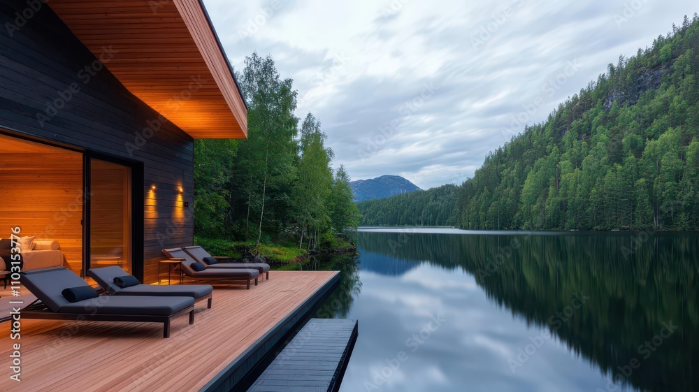 Modern cabin on a quiet lake, with outdoor lounge chairs on the deck facing the calm, reflective waters modern cabin, lake relaxation Modern cabin on a quiet lake, with outdoor lounge chairs on the deck facing the calm, reflective waters modern cabin, lake relaxation