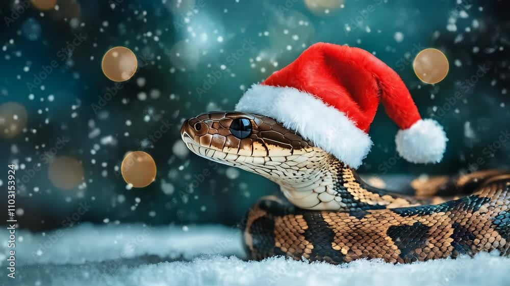 snake wearing a santa hat on a snow with copy space snake wearing a santa hat on a snow with copy space