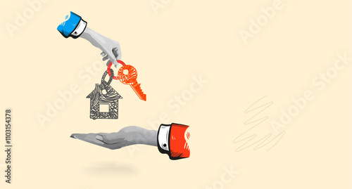 Real estate agent give keys to buyer vector illustration. Hands holding door key. Loan, mortgage or property And Apartment rent web banner. Collage Art Vector illustration