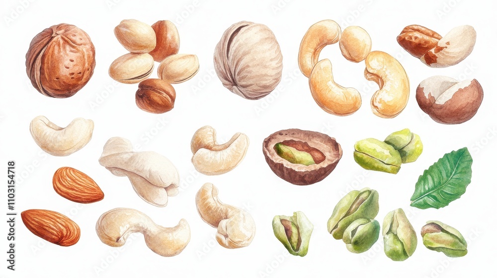 Watercolor painting set of nuts,pistachios,Almond,cashew nuts,hazelnut,Different types of nut isolated,food clipart,Macro concept of nuts and seeds,nut collection,space for text.