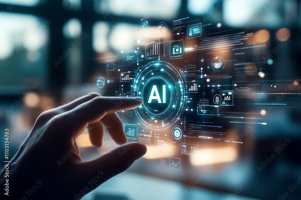 Eine Hand will einen digitalen Bildschirm mit dem Icon AI berühren, holografische Darstellung eines virtuelles Display, das mit künstlicher Intelligenz gesteuert wird Eine Hand will einen digitalen Bildschirm mit dem Icon AI berühren, holografische Darstellung eines virtuelles Display, das mit künstlicher Intelligenz gesteuert wird