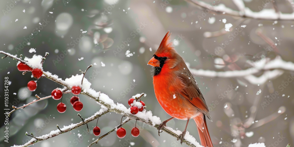 A red cardinal perched on a snowy branch with red berries, winter card A red cardinal perched on a snowy branch with red berries, winter card