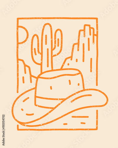 illustration of wild desert with cowboy hat and cactus desert design for t-shirt, badge, patch, sticker, etc