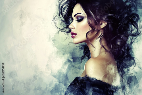 Abstract modern art painting portrait of beautiful brunette woman on gray background