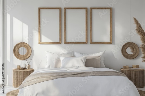 Modern minimalist bedroom with wooden frames and wicker side tables.