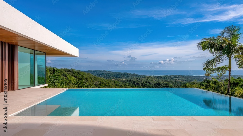 Fototapeta premium Modern hilltop mansion with infinity pool, overlooking the ocean and tropical greenery below luxury mansion, ocean view