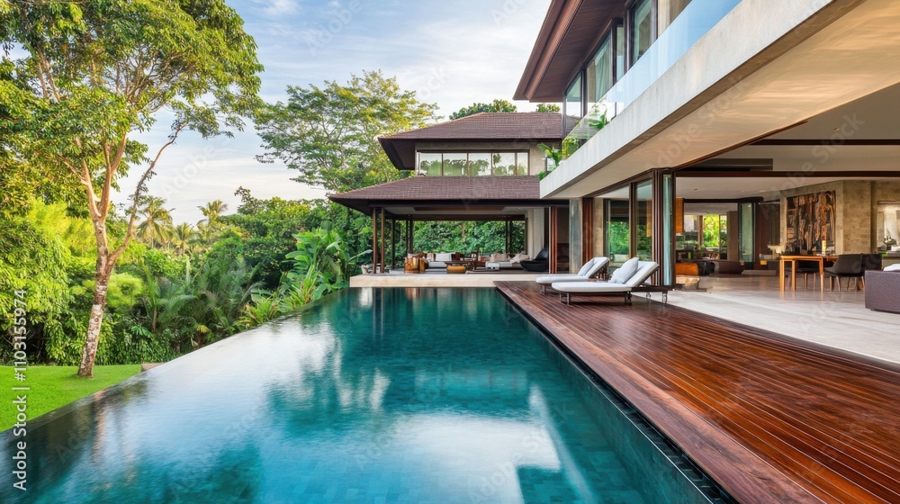 Fototapeta premium Modern Villa with Infinity Pool Surrounded by Lush Greenery