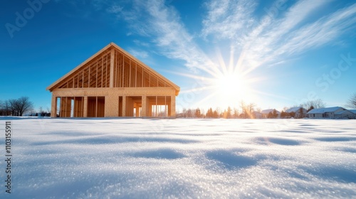 A house under construction stands in stark contrast against a snowy landscape, signifying the blend of human effort and nature’s tranquility in building a future home.