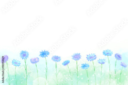 水彩で描いた青いヤグルマギクの花畑フレーム。優しい色合いの春の野原の風景。