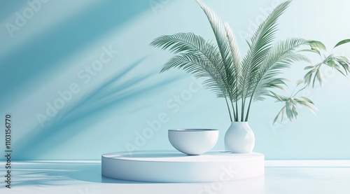 White pedestal with green tropical plant and bowl on a light blue background.