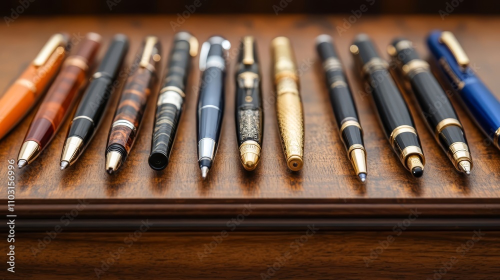 Row of elegant pens on desk. Row of elegant pens on desk.