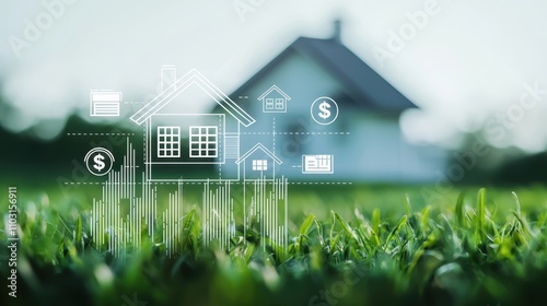 Abstract financial landscape showing a large house with symbols representing property loans, equity growth, and amortization