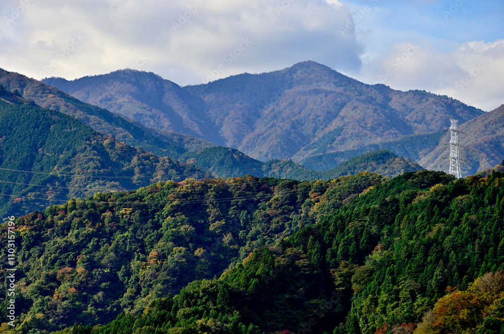 Fototapeta premium 宮ヶ瀬湖より紅葉の蛭ヶ岳を望む 