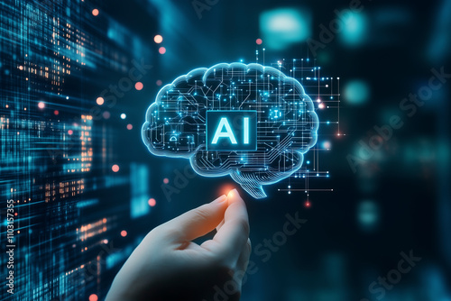 Menschliche Hände halten ein KI Gehirn in den Händen, der Mensch steuert die Künstliche Intelligenz, KI Geist als Hologramm dargestellt