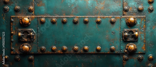 Rusty metal surface with rivets and locks.