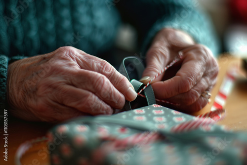 A close-up of hands tying a bow on a Christmas gift.