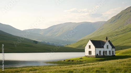 Old stone farmhouse perched on the edge of a lake, surrounded by rolling hills and green meadows farmhouse, lakefront countryside