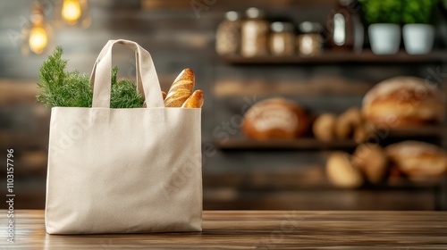 A canvas tote bag filled with fresh herbs and baguettes rests on a wooden table with a blurred background featuring bread loaves, creating a cozy atmosphere. photo