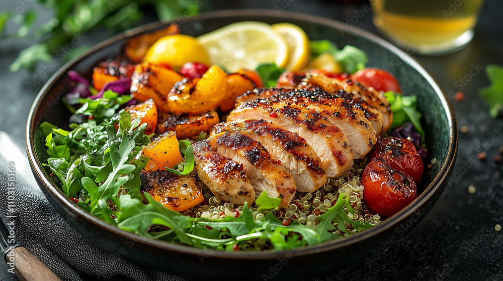 A beautifully plated dish featuring quinoa, roasted fish, served with vegetables and roasted potatoes, creating a delicious and balanced meal. A beautifully plated dish featuring quinoa, roasted fish, served with vegetables and roasted potatoes, creating a delicious and balanced meal.