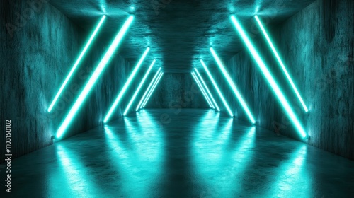 This image features a modern, industrial corridor illuminated by vibrant, diagonal blue neon beams, creating a dynamic visual experience and an ambient atmosphere. photo