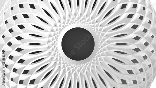 3D grayscale rendering of geometric, dome structure resembling the sun or flower with empty core. A simple, minimal, and modern or contemporary background or wallpaper.