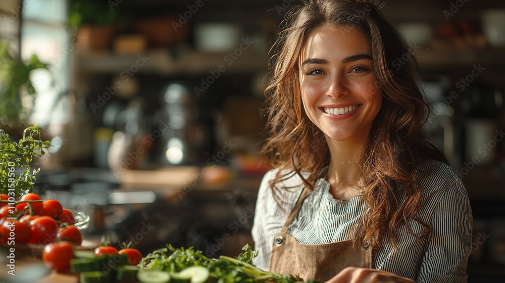 A smiling woman preparing food in her kitchen for a party, using fresh vegetables to create delicious dishes. A smiling woman preparing food in her kitchen for a party, using fresh vegetables to create delicious dishes.