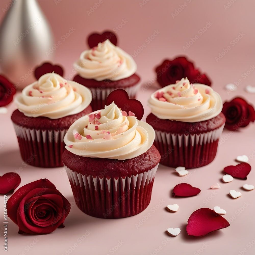 Romantic Red Velvet Cupcakes with Creamy Frosting and Sugar Heart Toppings Romantic Red Velvet Cupcakes with Creamy Frosting and Sugar Heart Toppings