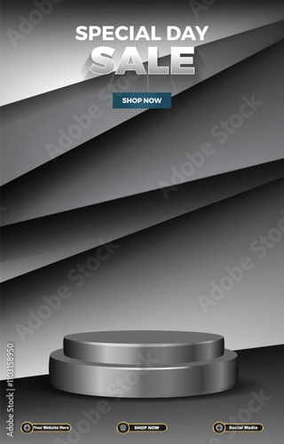 special sale discount portait template banner with blank space 3d podium for social media post product sale with abstract gradient grey background design 14