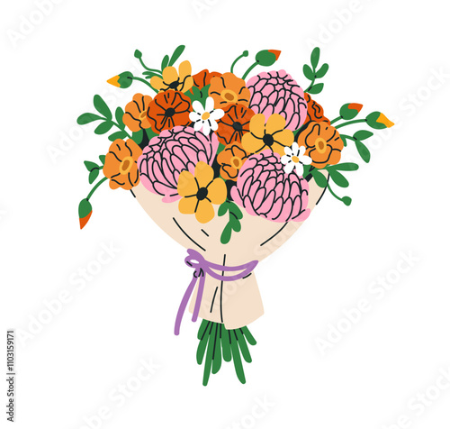 Flower bouquet, floral gift. Blooming buds and leaf, bunch wrapped in paper. Festive decoration, modern romantic blossoms mix bundle. Colored flat vector illustration isolated on white background