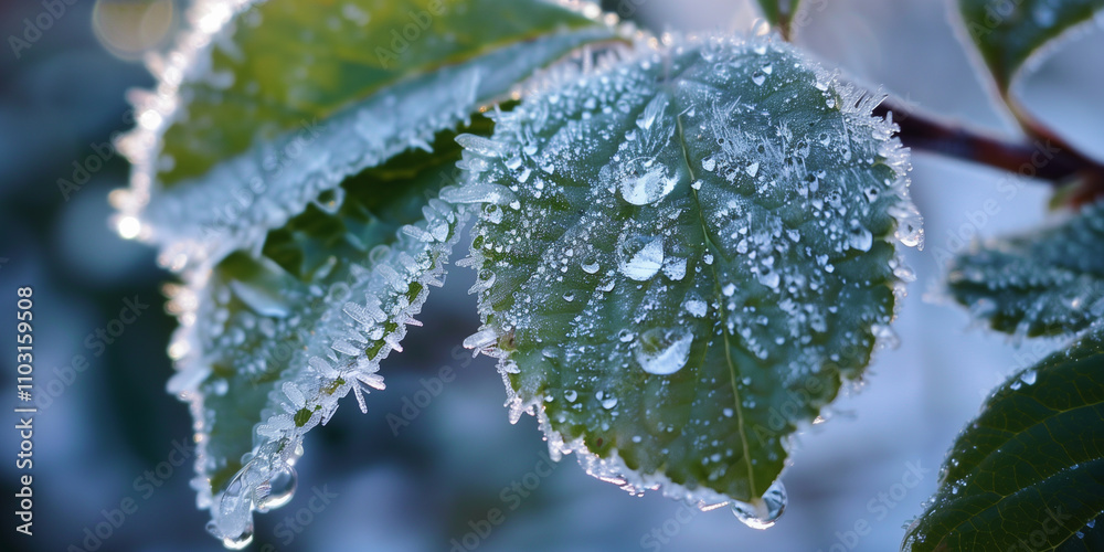 Frozen water droplets on a green leaf. Frozen water droplets on a green leaf.